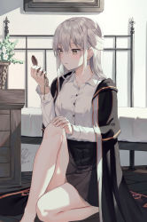 Rule 34 | 1girl, absurdres, bare legs, bed, black skirt, blush, cloak, collared shirt, commentary request, dustea, earrings, feet out of frame, flower, hair between eyes, hand on own knee, highres, holding, hood, hooded cloak, indoors, jewelry, kneeling, long hair, long sleeves, original, pleated skirt, pocket watch, shadow, shirt, sidelocks, silver hair, skirt, solo, watch, white shirt, yellow eyes