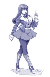Rule 34 | 1girl, bad id, bad tumblr id, belt, bliss barson, boots, bow, bowtie, crossed legs, cryamore, curly hair, full body, highres, jacket, knee boots, long hair, mole, mole under eye, monochrome, pantyhose, robaato, sash, skirt, solo, standing, striped, vertical stripes, watson cross, wrist cuffs, zipper