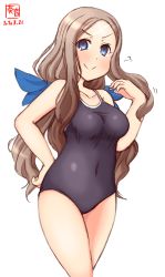Rule 34 | 1girl, artist logo, asakaze (kancolle), black one-piece swimsuit, blue eyes, blue ribbon, breasts, brown hair, collarbone, commentary request, competition school swimsuit, covered navel, cowboy shot, dated, forehead, hair ribbon, hand on own hip, highres, kanon (kurogane knights), kantai collection, long hair, looking at viewer, medium breasts, one-piece swimsuit, parted bangs, ribbon, school swimsuit, sidelocks, simple background, smile, smug, solo, split mouth, standing, swimsuit, wavy hair, white background