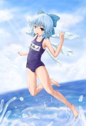 Rule 34 | 1girl, barefoot, blue eyes, blue hair, cirno, feet, flat chest, flying, legs, lou (battle32), matching hair/eyes, name tag, one-piece swimsuit, school swimsuit, short hair, solo, swimsuit, touhou, wings