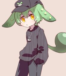Rule 34 | 1girl, :&lt;, animal ears, baseball cap, black hat, black pants, black sweater, brown background, commentary request, cowboy shot, from side, green hair, hair between eyes, hands in pockets, hat, highres, jewelry, long hair, long sleeves, looking at viewer, low ponytail, necklace, pants, short hair, simple background, solo, striped clothes, striped sweater, sweater, utsubo (utb), voicevox, yellow eyes, zundamon
