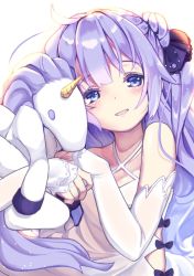 Rule 34 | 1girl, :d, ahoge, azur lane, collarbone, commentary request, detached sleeves, hugging doll, dress, hair bun, highres, long hair, looking at viewer, hugging object, one side up, open mouth, purple eyes, purple hair, single hair bun, smile, solo, stuffed pegasus, stuffed unicorn, unicorn (azur lane), wankoo-mikami, white dress