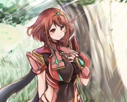 Rule 34 | 1girl, black gloves, breasts, chest jewel, earrings, fingerless gloves, gloves, grass, highres, jewelry, kurokaze no sora, large breasts, pyra (xenoblade), red eyes, red hair, red thighhighs, short hair, solo, sunlight, swept bangs, thighhighs, tiara, tree, xenoblade chronicles (series), xenoblade chronicles 2