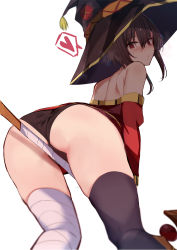 Rule 34 | 1girl, absurdres, ass, asymmetrical legwear, bandaged leg, bandages, bare shoulders, between legs, black cape, black hat, black panties, black thighhighs, blush, brown hair, button eyes, buttons, cape, commentary request, crotch rub, dress, female masturbation, from below, hat, highres, holding, holding staff, kono subarashii sekai ni shukufuku wo!, masturbation, megumin, mismatched legwear, muoto, off shoulder, paid reward available, panties, pantyshot, red dress, red eyes, short hair with long locks, shoulder blades, sidelocks, single thighhigh, solo, staff, staff riding, sweat, thighhighs, underwear, witch hat