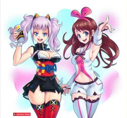 Rule 34 | 2girls, aqua eyes, bare shoulders, beer can, blue eyes, breasts, brown hair, can, cleavage cutout, clothing cutout, curvy, detached sleeves, drink can, feet out of frame, hair ornament, holding hands, kaguya luna, kizuna ai, large breasts, long hair, medium breasts, multiple girls, nails, navel, open mouth, pointing, pussy, ribbon, shorts, simple background, skirt, smile, supersatanson, teeth, thighhighs, twintails, virtual youtuber, white background, white hair