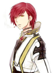 Rule 34 | 1boy, arch bishop (ragnarok online), cigarette, coat, commentary request, hair between eyes, long sleeves, looking at viewer, looking to the side, male focus, misuguu, ragnarok online, red hair, short hair, simple background, solo, upper body, white background, white coat, yellow eyes