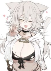 Rule 34 | 1girl, ;d, ahoge, animal ears, black bra, black collar, black panties, bra, breasts, cardigan, cat ears, cat girl, cat tail, cleavage, collar, collarbone, commentary, cropped cardigan, crossed bangs, fang, fish bone, fuyu yafunu, grey hair, hair between eyes, hand up, heart, highres, large breasts, light blush, long hair, long sleeves, looking at viewer, one eye closed, open cardigan, open clothes, open mouth, original, panties, simple background, skin fang, smile, solo, symbol-only commentary, tail, torn bra, torn clothes, underwear, upper body, white background, white cardigan, yellow eyes