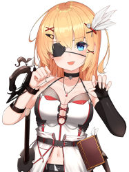 Rule 34 | 1girl, :d, bad id, bad pixiv id, bare shoulders, belt, belt buckle, black belt, black choker, black gloves, blonde hair, blue eyes, bow (weapon), breasts, buckle, choker, cleavage, collarbone, copyright request, crossbow, eyepatch, fang, feather hair ornament, feathers, fingerless gloves, gloves, hair between eyes, hair ornament, hairclip, highres, jewelry, long hair, medium breasts, navel, one side up, open mouth, pendant, shirt, single glove, skull, skull hair ornament, smile, solo, upper body, w.k, weapon, white feathers, white shirt, x hair ornament