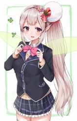 Rule 34 | 1girl, adjusting neckwear, black jacket, black skirt, blazer, blush, bow, bowtie, clover, collared shirt, commentary request, cosplay, cowboy shot, dress shirt, elf, elu (nijisanji), fairy wings, fingernails, flower, four-leaf clover, green wings, hair flower, hair ornament, hands up, highres, jacket, light brown hair, long hair, long sleeves, looking at viewer, nijisanji, pink bow, pink bowtie, pink flower, plaid, plaid skirt, pleated skirt, pointy ears, ponytail, racchi., red eyes, red flower, school uniform, shirt, sidelocks, skirt, solo, thighhighs, transparent wings, tsukino mito, tsukino mito (cosplay), very long hair, virtual youtuber, white shirt, white thighhighs, wings