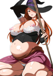 Rule 34 | 1girl, blush, bra, breasts, cum, dragon&#039;s crown, female focus, gradient background, hat, hat over one eye, highres, kneeling, large breasts, long hair, looking at viewer, midriff, monster, nipples, open clothes, open mouth, open skirt, panties, plump, pregnant, shin&#039;ya (shin&#039;yanchi), shiny skin, simple background, skirt, solo, sorceress (dragon&#039;s crown), staff, underwear, vanillaware, weapon, white panties, witch hat