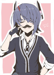 Rule 34 | 1girl, aged down, artist name, black cardigan, black gloves, cardigan, checkered necktie, closed eyes, dated, eyepatch, facing viewer, fake facial hair, fake mustache, gloves, headgear, highres, kantai collection, necktie, partially fingerless gloves, pink background, purple hair, school uniform, short hair, smile, solo, taira yuuki, tenryuu (kancolle), two-tone background