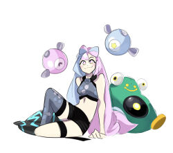 Rule 34 | 1girl, arm support, bellibolt, black shorts, blush, bow-shaped hair, closed mouth, commentary, creatures (company), cropped shirt, game freak, grey shirt, grey thighhighs, highres, iono (pokemon), long hair, marnie (marnielovesyou), midriff, multicolored hair, nintendo, pink eyes, pink hair, pokemon, pokemon sv, shirt, shorts, single thighhigh, sitting, sleeveless, sleeveless shirt, smile, thigh strap, thighhighs, two-tone hair, white background
