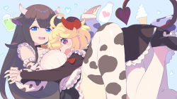 Rule 34 | 2girls, animal ears, animal print, apron, bell, between breasts, black skirt, blonde hair, blue eyes, blush stickers, bottle, breasts, brown hair, copyright request, cow ears, cow horns, cow print, cowbell, curled horns, d:, demon horns, demon tail, detached sleeves, enkyo yuuichirou, fingernails, head between breasts, heart, highres, holding hands, horns, interlocked fingers, large breasts, long hair, long sleeves, looking at viewer, maid, medium hair, milk bottle, miniskirt, multiple girls, nail polish, neck bell, open mouth, pink nails, pointy ears, red eyes, skirt, smile, tail, thighhighs, white apron