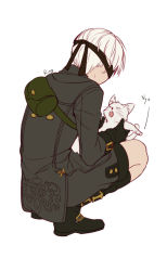 Rule 34 | 1boy, aki663, animal, artist name, bag, black gloves, blindfold, boots, cat, from behind, full body, gloves, holding, holding animal, holding cat, knee boots, male focus, nier (series), nier:automata, satchel, signature, simple background, solo, squatting, white background, white hair, 9s (nier:automata)
