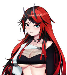 Rule 34 | 1girl, absurdres, bikini, black bikini, black hair, blue eyes, blush, breasts, cleavage, commentary, compression sleeve, demon girl, demon horns, fishnet top, fishnets, highres, horns, jacket, jewelry, large breasts, long hair, looking at viewer, multicolored hair, nanashi inc., necklace, no eyewear, official alternate costume, parted lips, pendramon, red hair, ryugasaki rene, ryugasaki rene (2nd costume), shrug (clothing), simple background, single sleeve, smile, solo, striped clothes, striped jacket, sugar lyric, swimsuit, two-tone hair, underboob, upper body, virtual youtuber, white background, white jacket