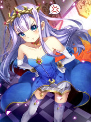 Rule 34 | 10s, 1girl, :t, anger vein, argyle, argyle clothes, argyle legwear, bare shoulders, bison cangshu, bracelet, collarbone, dress, elbow gloves, gloves, gold trim, green eyes, hands on own hips, jewelry, light purple hair, long hair, looking at viewer, lots of jewelry, necklace, outbreak company, petralka anne eldant iii, pout, solo, spoken anger vein, thighhighs, tiara, v-shaped eyebrows, white gloves