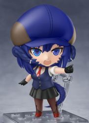 Rule 34 | 1girl, absurdres, artist name, black gloves, black skirt, blue eyes, blue hair, blue hat, breasts, brown pantyhose, character request, chibi, commission, faux figurine, full body, gloves, hat, highres, indie virtual youtuber, medium breasts, necktie, nendoroid, open mouth, pantyhose, pointing, red footwear, red necktie, second-party source, shiori2525, shirt, short hair, short sleeves, skirt, solo, striped necktie, tail, teeth, upper teeth only, virtual youtuber, white shirt
