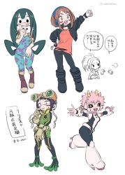 Rule 34 | 6+girls, :d, artist name, ashido mina, ashido mina (cosplay), asui tsuyu, asui tsuyu (cosplay), asymmetrical bangs, black bodysuit, black choker, black footwear, black hair, black jacket, black legwear, black pants, black sclera, blush, bodysuit, boku no hero academia, boots, brown eyes, brown footwear, brown gloves, cape, chibi, chibi inset, choker, clenched hand, colored sclera, colored skin, commentary, cosplay, costume switch, cropped jacket, embarrassed, excited, facial mark, frog girl, gloves, goggles, goggles on head, green bodysuit, green eyes, hagakure tooru, hair rings, hand on own hip, hand up, happy, headphones, high heel boots, high heels, horns, index finger raised, invisible, jacket, jirou kyouka, jirou kyouka (cosplay), long hair, looking afar, looking at viewer, low-tied long hair, multiple girls, nervous, ohhhhhhtsu, open mouth, outstretched arms, pants, pink bodysuit, pink hair, pink skin, ponytail, red shirt, running, shirt, short hair, short hair with long locks, sidelocks, simple background, smile, teeth, thick eyebrows, thinking, torn clothes, torn shirt, translated, twitter username, upper teeth only, uraraka ochako, uraraka ochako (cosplay), white background, yaoyorozu momo