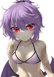 Rule 34 | 1girl, akisome hatsuka, alternate hairstyle, bat wings, bikini, breasts, cleavage, closed mouth, frown, looking at viewer, navel, purple hair, red eyes, remilia scarlet, short hair, simple background, small breasts, solo, swimsuit, touhou, upper body, white background, white bikini, wings