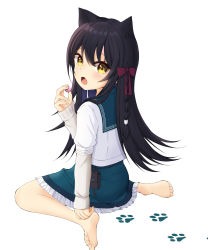 Rule 34 | 1girl, :o, absurdres, animal ears, barefoot, black hair, bow, braid, cat ears, character request, fang, full body, harvest moon (youtube), hat, hat bow, highres, long hair, looking at viewer, looking back, nekone suzu, paw print, pdnt, pouch, school uniform, serafuku, sitting, skin fang, solo, virtual youtuber, yellow eyes