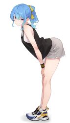 Rule 34 | 1girl, absurdres, arched back, black camisole, blue eyes, blue hair, bluefield, camisole, closed mouth, commentary, dolphin shorts, english commentary, full body, grey shorts, hair between eyes, hair ribbon, hands on own knees, highres, hololive, hoshimachi suisei, leaning forward, long hair, looking at viewer, looking to the side, ponytail, ribbon, shoes, shorts, sleeveless, smile, sneakers, solo, standing, star (symbol), star in eye, symbol in eye, virtual youtuber, white background, white undershirt, yellow ribbon