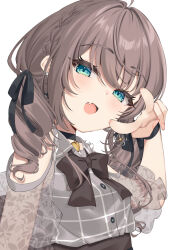 Rule 34 | 1girl, ahoge, aqua eyes, black bow, black bowtie, black choker, black ribbon, blush, bow, bowtie, braid, breasts, brown hair, choker, clothing cutout, collared shirt, commentary, crown braid, drill hair, earrings, erubusubori, fang, flower earrings, grey shirt, hair between eyes, hair ribbon, heart, heart choker, highres, hololive, jewelry, lace, lace sleeves, medium hair, natsuiro matsuri, natsuiro matsuri (casual), official alternate costume, open mouth, pendant choker, plaid, plaid shirt, ribbon, see-through, see-through sleeves, shirt, shoulder cutout, simple background, skin fang, small breasts, solo, twin drills, twintails, upper body, v, virtual youtuber, wavy hair, white background