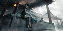 Rule 34 | absurdres, aqua dress, architecture, arknights, bare legs, bitey (arknights), black footwear, black hair, blue slingshot swimsuit, breasts, building, colored skin, commentary request, dragon girl, dragon horns, dress, dusk (arknights), dusk (everything is a miracle) (arknights), east asian architecture, fog, from below, full body, grey sky, hair over one eye, high heels, highres, holding, holding umbrella, horns, lantern, lemtun, long hair, looking afar, medium breasts, oil-paper umbrella, outdoors, pointy ears, red eyes, side slit, sky, slingshot swimsuit, umbrella