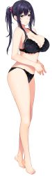 Rule 34 | absurdres, bare legs, barefoot, black bra, black hair, black panties, blush, bra, breasts, cleavage, closed mouth, full body, game cg, hair ornament, hair scrunchie, hairclip, hibiki works, highres, iizuki tasuku, lace, lace-trimmed bra, lace-trimmed panties, lace trim, large breasts, long hair, navel, non-web source, own hands together, panties, ponytail, purple eyes, scrunchie, sidelocks, solo, standing, suiren to shion, tachi-e, transparent background, underwear, underwear only, wakami suiren