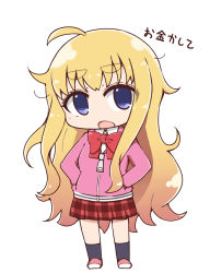 Rule 34 | 10s, 1girl, ahoge, blonde hair, blue eyes, bow, bowtie, chibi, commentary, full body, gabriel dropout, gabriel tenma white, hands in pockets, highres, hood, hoodie, long hair, plaid, plaid skirt, school uniform, skirt, solo, toshi mellow-pretty, translated, very long hair, white background