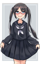 Rule 34 | 1girl, black hair, black sailor collar, black serafuku, black skirt, blue eyes, blush, bow, breasts, collarbone, cowboy shot, dot nose, glasses, gougoku, grey background, grid background, hair bow, highres, idolmaster, idolmaster shiny colors, long hair, long sleeves, looking at viewer, mitsumine yuika, neckerchief, open mouth, outside border, pleated skirt, red-framed eyewear, sailor collar, school uniform, semi-rimless eyewear, serafuku, simple background, skirt, skirt hold, small breasts, smile, solo, twintails, under-rim eyewear, white neckerchief