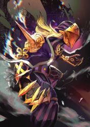 Rule 34 | 1boy, armor, avicebron (fate), blonde hair, cape, dai-xt, fate/apocrypha, fate/grand order, fate (series), fighting stance, full armor, gauntlets, gloves, highres, long hair, long sleeves, looking to the side, male focus, mask, solo, upper body