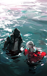 Rule 34 | 1girl, 1other, absurdres, aqua gloves, arknights, black jacket, chinese commentary, commentary request, daier, doctor (arknights), dress, faceless, faceless female, gloves, highres, hood, hooded jacket, jacket, long hair, looking at another, mask, no headwear, ocean, partially submerged, red dress, ripples, shirt, sidelocks, skadi (arknights), skadi the corrupting heart (arknights), sketch, water, white gloves, white hair, white shirt