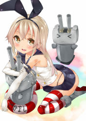 Rule 34 | &gt; &lt;, 10s, 1girl, :3, bare shoulders, black panties, blonde hair, blush, boots, brown eyes, closed eyes, elbow gloves, gloves, grey footwear, hairband, kantai collection, lifebuoy, long hair, looking at viewer, mamedenkyuu (berun), panties, patterned legwear, personification, red &amp; white, red stripes, rensouhou-chan, shimakaze (kancolle), sitting, skirt, sleeveless, smile, solo, striped clothes, striped thighhighs, swim ring, thighhighs, two-tone stripes, underwear, wariza, white stripes