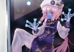 Rule 34 | 1girl, 3colorinsect, against glass, blue dress, blue skin, china dress, chinese clothes, colored skin, dress, female focus, flower, frog girl, hat, hat flower, looking at viewer, monster girl, original, pink eyes, pink hair, short hair with long locks, slit pupils, smile, solo, window