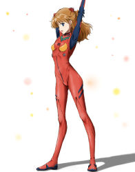 Rule 34 | 1girl, arms up, blue eyes, bodysuit, brown hair, commentary request, full body, interface headset, kinfuji, long hair, multicolored bodysuit, multicolored clothes, neon genesis evangelion, pilot suit, plugsuit, profile, rebuild of evangelion, red bodysuit, solo, souryuu asuka langley, two side up, white background
