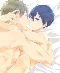 Rule 34 | 10s, 2boys, abs, age difference, anal, bed, bed sheet, blue eyes, blue hair, brown hair, closed eyes, free!, hug, looking at viewer, lying, male focus, male penetrated, missionary, multiple boys, muscular, nanase haruka (free!), nude, open mouth, spread legs, tachibana makoto, yaoi