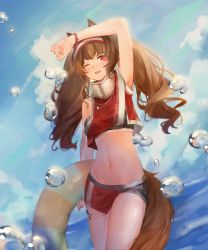 Rule 34 | 1girl, ;d, absurdres, angelina (arknights), animal ears, arknights, arm up, armpits, bare arms, bare shoulders, blue sky, brown hair, cowboy shot, crop top, day, fox ears, fox tail, hairband, highres, holding, innertube, long hair, looking at viewer, midriff, navel, one eye closed, open mouth, red eyes, red hairband, red shirt, rrrr (user rrrrr), shirt, sky, sleeveless, sleeveless shirt, smile, solo, standing, stomach, swim ring, tail, thighs, water drop