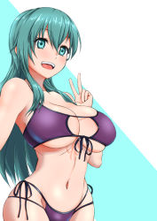 Rule 34 | 1girl, bare shoulders, bikini, breasts, center opening, cleavage, green eyes, green hair, hair between eyes, hair over shoulder, hand up, highres, kantai collection, koutarou (plusdrive), large breasts, long hair, midriff, navel, open mouth, purple bikini, sideboob, solo, string bikini, suzuya (kancolle), swimsuit, teeth, thighs, two-tone background, upper teeth only, v