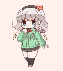Rule 34 | 1girl, black socks, bloom2425, character name, commentary request, drawstring, full body, green jacket, grey background, grey skirt, highres, jacket, kantai collection, kashima (kancolle), kneehighs, long hair, long sleeves, looking at viewer, military, military uniform, miniskirt, name tag, neckerchief, pleated skirt, red neckerchief, sidelocks, silver hair, simple background, skirt, socks, solo, sparkle, standing, twintails, uniform, wavy hair