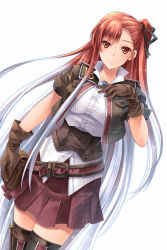 Rule 34 | 00s, 1girl, belt, breasts, gloves, gradient hair, large breasts, long hair, makirin, miniskirt, multicolored hair, pleated skirt, red eyes, red hair, riela marcellis, senjou no valkyria (series), silver hair, simple background, skirt, smile, solo, thighhighs, very long hair, white background, zettai ryouiki