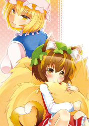 Rule 34 | animal ears, blonde hair, blush, brown hair, cat ears, cat girl, cat tail, chen, earrings, female focus, fox tail, hat, hugging another&#039;s tail, jewelry, looking back, multiple girls, multiple tails, red eyes, short hair, smile, tail, hugging tail, takamoto akisa, touhou, yakumo ran, yellow eyes