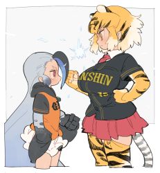 Rule 34 | 10s, 2girls, animal ears, baseball jersey, commentary request, eye contact, giant penguin (kemono friends), glaring, grey hair, hanshin tigers, highres, jaguar ears, jaguar print, jaguar tail, jersey, kemono friends, long hair, looking at another, looking at breasts, multicolored hair, multiple girls, name connection, nippon professional baseball, nishiki kazue, short hair, skirt, stare down, tail, thick eyebrows, thighhighs, tiger (kemono friends), very long hair, yomiuri giants
