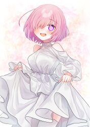 Rule 34 | 1girl, absurdres, blush, breasts, bright pupils, clothing cutout, cropped legs, dress, fate/grand order, fate (series), hair over one eye, harukappa, highres, large breasts, long sleeves, looking at viewer, mash kyrielight, open mouth, pink background, pink hair, purple eyes, short hair, shoulder cutout, skirt hold, smile, solo, teeth, thighhighs, upper teeth only, white dress, white thighhighs, wide sleeves