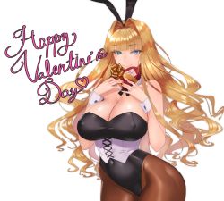 Rule 34 | 1girl, animal ears, bare shoulders, blonde hair, blue eyes, box, breasts, cleavage, commentary request, covered erect nipples, covered navel, damegane, detached collar, fake animal ears, gift, gift box, happy valentine, highres, holding, large breasts, leotard, long hair, looking at viewer, original, pantyhose, playboy bunny, rabbit ears, simple background, smile, solo, strapless, strapless leotard, victoria (damegane), white background, wrist cuffs