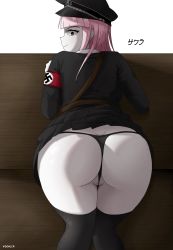 Rule 34 | 1girl, ass, blossom hope, breasts, butt crack, cleft of venus, clothes lift, dress, dress lift, from behind, hat, highres, kawakami sakura, large breasts, long hair, looking at viewer, looking back, looking down, military, military uniform, nazi, pink hair, red eyes, shiny skin, sideboob, smile, solo, thick thighs, thighhighs, thighs, thong, uniform, wedgie, woomler