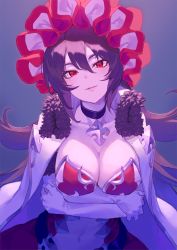 Rule 34 | 1girl, black hair, blush, bonnet, breasts, cape, choker, cleavage, crossed arms, elbow gloves, fur trim, gloves, gradient background, hair between eyes, highres, illya (princess connect!), kinta (distortion), large breasts, long hair, looking at viewer, parted lips, princess connect!, red eyes, smile, solo, very long hair, white gloves