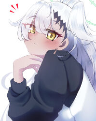 Rule 34 | 1girl, absurdres, blue archive, dark-skinned female, dark skin, earrings, green halo, haine (blue archive), halo, hand on own chin, highres, jewelry, long sleeves, looking at viewer, puyoteto, simple background, solo, upper body, vest, white background, white hair, white vest, wide-eyed, yellow eyes