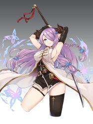 Rule 34 | 10s, 1girl, armpits, arms behind head, arms up, black gloves, black thighhighs, blue eyes, braid, breasts, bug, butterfly, cradle (2849), draph, elbow gloves, fingerless gloves, gloves, gradient background, granblue fantasy, hair ornament, hair over one eye, highres, horns, insect, katana, large breasts, light purple hair, long hair, looking at viewer, narmaya (granblue fantasy), pointy ears, sideboob, single braid, single thighhigh, smile, solo, standing, sword, thighhighs, weapon
