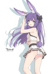 Rule 34 | 1girl, animal ear fluff, animal ears, arknights, bare shoulders, bikini, black bow, blue eyes, bow, breasts, dated, ear ornament, feet up, from behind, hair bow, hand up, heart, highres, long hair, looking at viewer, looking back, official alternate costume, open mouth, purple hair, rabbit ears, rabbit girl, rabbit tail, rope (arknights), rope (summer flowers) (arknights), shadow, small breasts, smile, solo, star (symbol), swimsuit, tail, wenge clone, white bikini