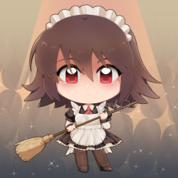 Rule 34 | 1girl, aliza (ragnarok online), apron, ascot, black dress, black footwear, blush, broom, brown hair, brown pantyhose, chibi, chorvaqueen, closed mouth, collared dress, commentary, dress, english commentary, expressionless, frilled dress, frills, full body, hair between eyes, holding, holding broom, long sleeves, looking at viewer, maid, maid apron, maid headdress, pantyhose, puffy short sleeves, puffy sleeves, ragnarok online, red ascot, red eyes, shoes, short hair, short sleeves, solo, sparkle, spotlight, white apron